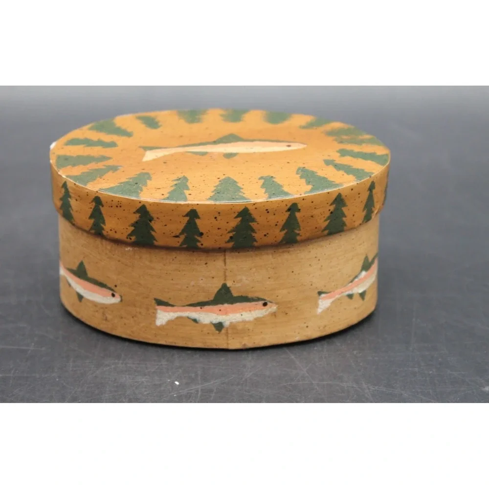 Set of 3 Rustic Woodland Bentwood Trinket Boxes Bear Moose Fish Round Lidded